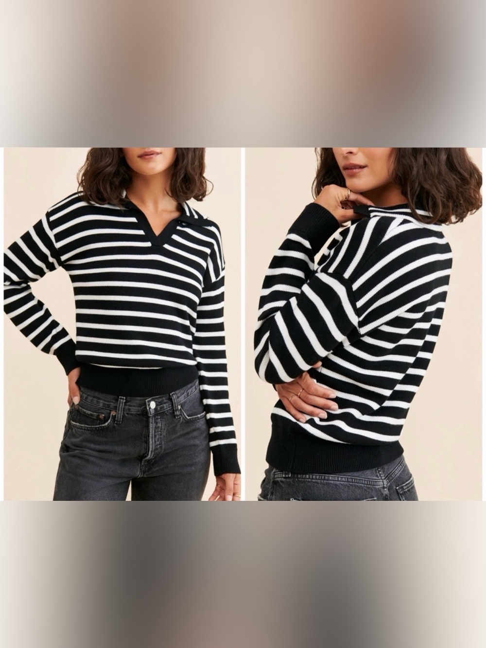 Anthropologie Striped Polo Knit Black & White Striped V-Neck Sweater